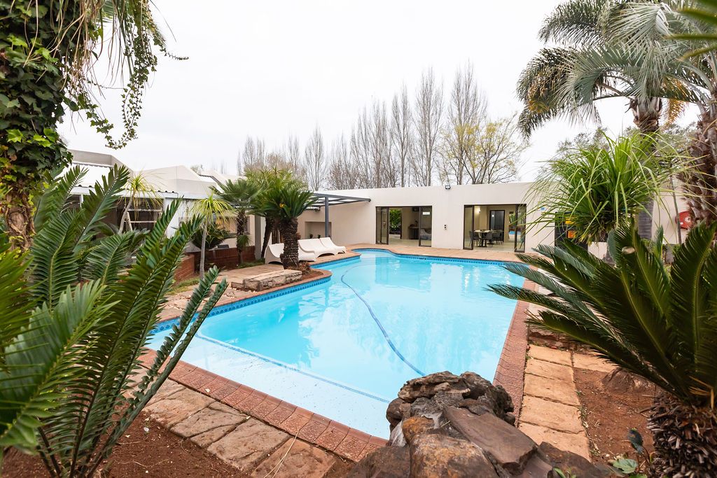 Curved swimming pool set in a landscaped tropical garden